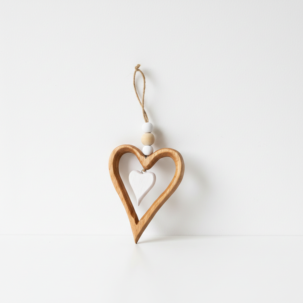 Závěsné dřevěné srdce v přírodní a bílé barvě pro dekoraci